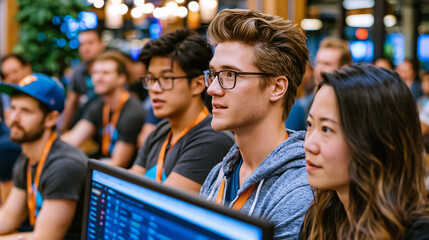 Fototapeta premium A crowded co-working floor during a product demo day, founders huddled around a monitor showing a live user dashboard, mouths open mid-sentence, perfect for product market fit, startup culture, and 