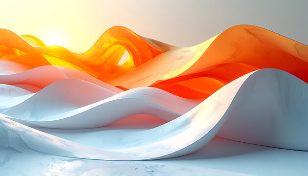 abstract landscape with orange and white flowing forms, digital art, smooth waves with pixelation, digital sunrise, futuristic background