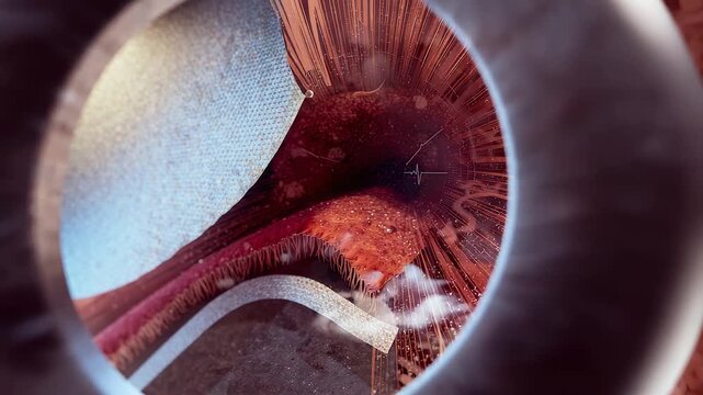 Circular surgical view of human eye interior with retina tissue, blood vessels, optic nerve detail and medical anatomy examination scene