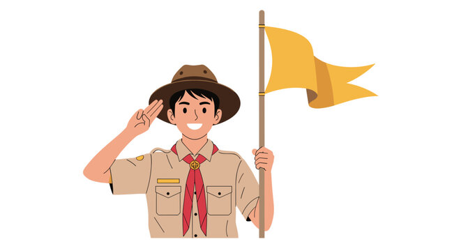 Young boy scout in tan uniform with a red neckerchief saluting while holding a yellow flag on a tall wooden pole.
