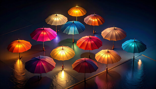 Collection of colorful glowing umbrellas arranged in a pattern on a dark reflective surface, concept for light, protection, or diversity