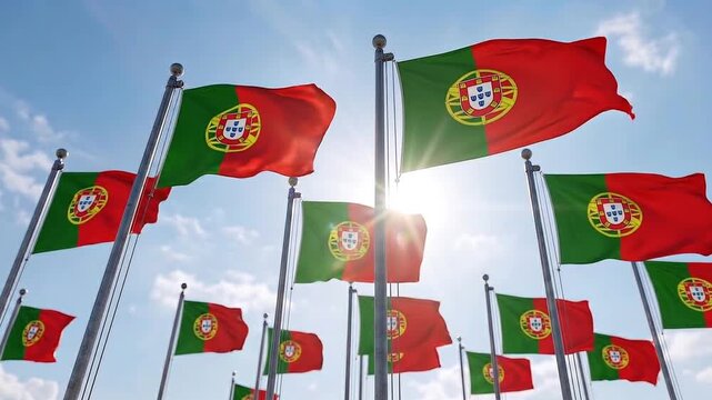 Multiple Portugal Flags Waving Proudly Against a Bright Sunny Sky