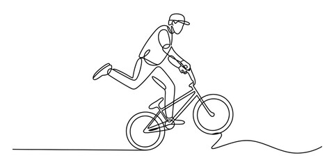 Naklejka premium Continuous single line drawing of a person riding a bmx bike doing a stunt trick Vector, illustration