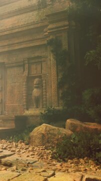 Moss covered stones and intricate carvings tell stories of time at these ancient temple ruins. Vines creep across the weathered facade, creating a peaceful and enchanting ambiance.