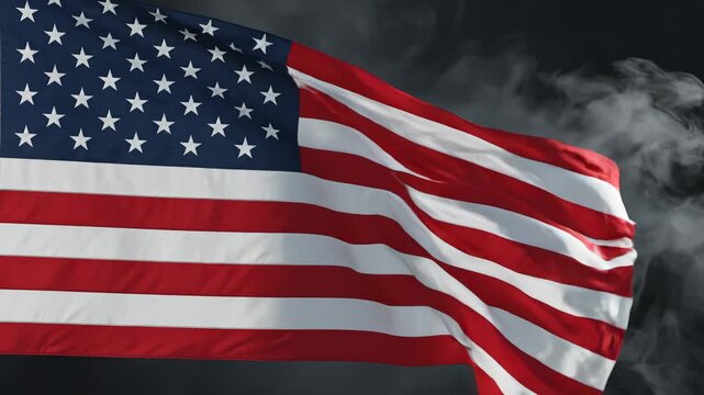 American flag waving in smoke highlighting geometric patterns and contemporary art