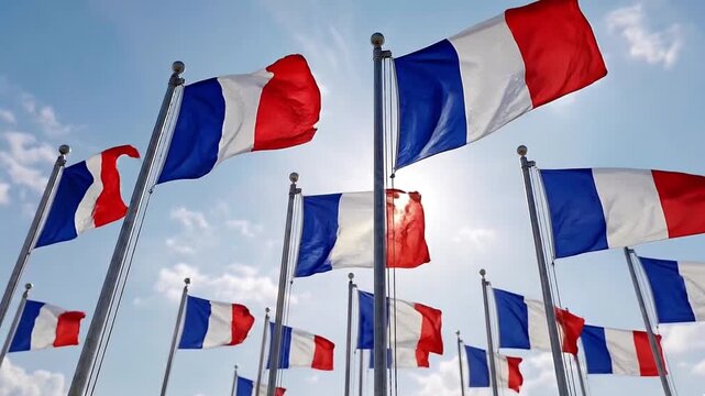 Multiple French Flags Waving in the Wind Against a Sunny Blue Sky