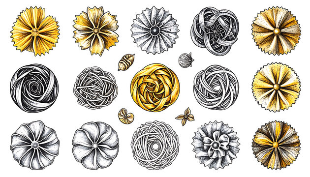 Collection of decorative rosette ornaments in gold and silver tones, detailed floral and abstract patterns, isolated on white background
