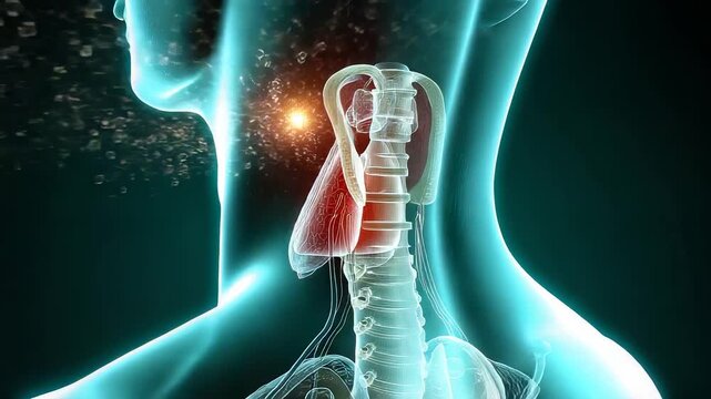 Medical throat anatomy with red larynx, trachea, neck structure and transparent head view showing respiratory system inflammation detail