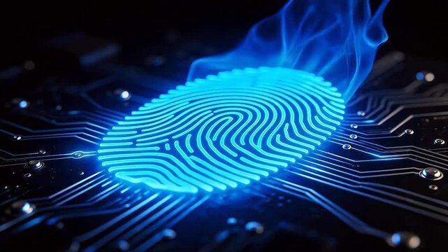 Fingerprint on circuit board with blue glow