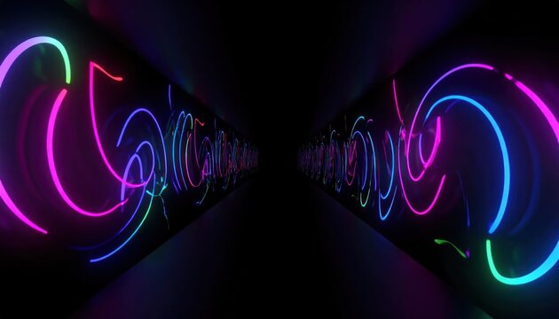 Abstract Neon Light Tunnel with Swirling Geometric Patterns.