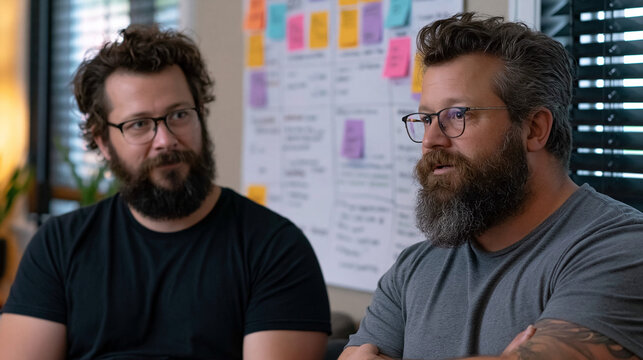 Two co-founders argue over a product roadmap pinned to a wall in a cramped home office, spring sunlight harsh through half-closed blinds, their disagreement raw and unresolved, perfect for co-founde
