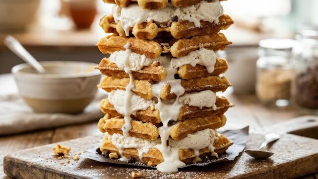 Stacked ice cream sandwiches with creamy vanilla filling and waffles, indulgent frozen dessert tower with rich texture and bakery appeal, close up food styling, bright appetizing light, no logos