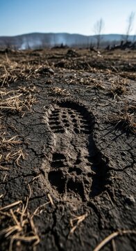 Mud caked bootprint impressed in cracked dry earth