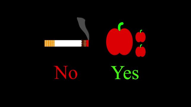 Healthy choice animation with apple and cigarette. Healthy choice lifestyle versus harmful habit. Healthy choice nutrition and smoking cessation concept graphic on black.