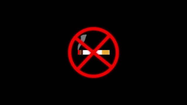 No smoking sign animation with red circle. No smoking prohibition symbol for crossed out cigarette. No smoking digital warning icon on black background for health awareness.