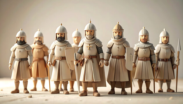 A group of stylized medieval knights in armor, standing in formation with shields and spears, on a neutral, light-colored background, conveying a sense of unity and historical readiness