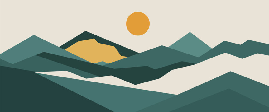 Abstract mountain landscape vector set with halftone textures and geometric grid patterns for modern retro minimalist graphic poster artwork