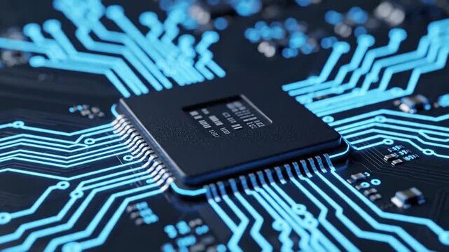 Microchip circuitry glowing blue.