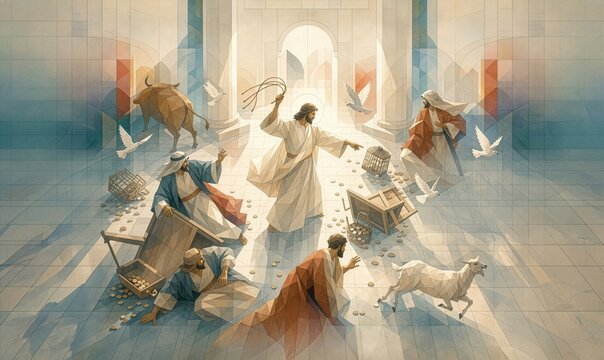 Biblical Scene of Jesus Christ Overturning Tables in the Temple. Biblical Illustration. New Testament.