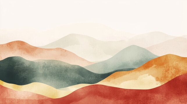 Colorful layers of hills and valleys create a gentle landscape in soft hues during a calm time of day