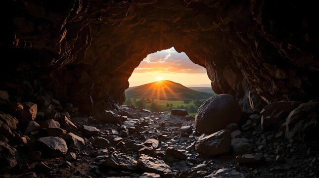 View from Inside a Dark Rocky Cave Looking Out at a Glowing Sunset Over Rolling Hills