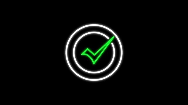 Check mark animation in white circle. Check mark success and approval symbol. Check mark digital interface graphic on black background for checklist and final confirmation.