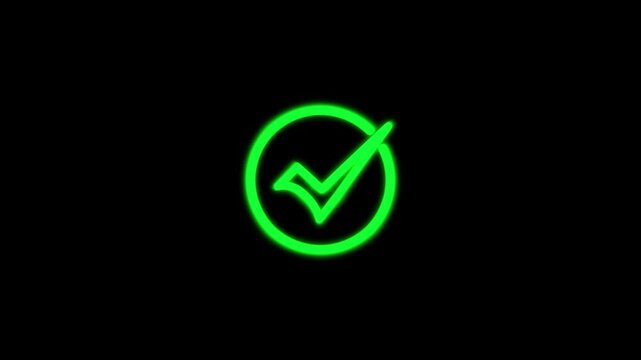 Check mark animation with neon green glow. Check mark success and approval symbol. Check mark digital interface graphic on black background for mobile and web app success.