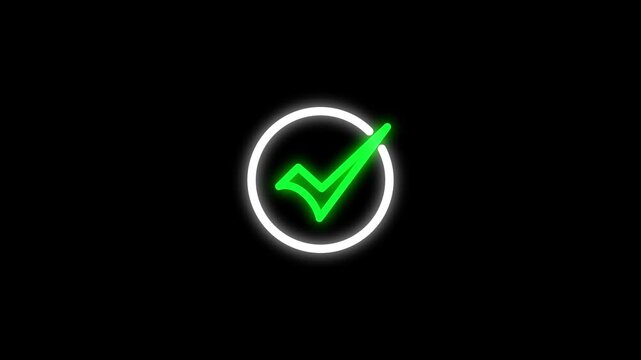 Check mark animation in white circle. Check mark success and approval symbol. Check mark digital interface graphic on black background for positive results and validation.