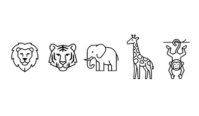 Jungle animal icon collection vector with lion tiger elephant giraffe and monkey isolated on white background © Md
