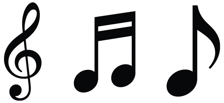 Music note silhouette vector icon set with black clef symbols representing sound, rhythm, and entertainment in modern graphic design