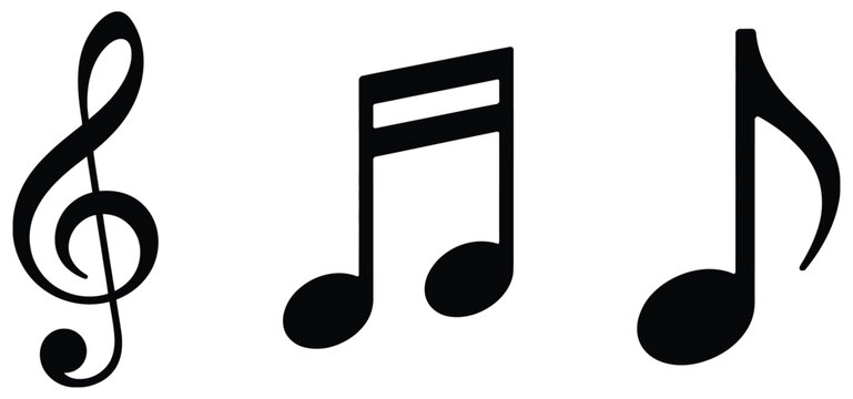 Music note silhouette vector icon set featuring black musical clef symbols for sound, entertainment, and audio design projects