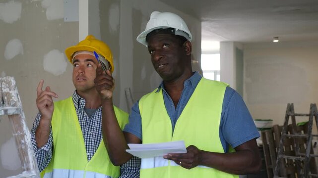 Foreman and worker in yellow vest and protective helmet are discussing the drawings of the repaired premises in the cottage