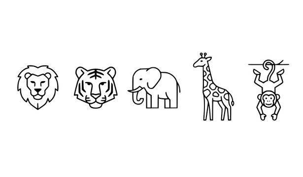 Jungle animal icon collection vector with lion tiger elephant giraffe and monkey isolated on white background