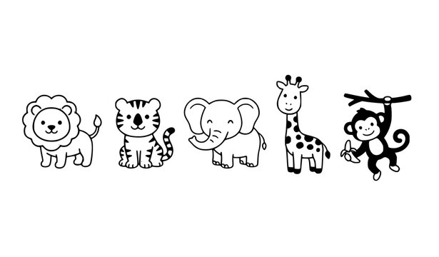 Cute safari animals icon set with lion tiger elephant giraffe and monkey for kids and zoo design isolated on white