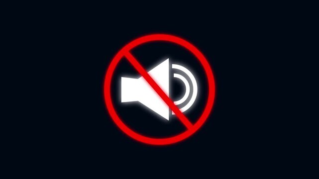 Muted speaker animation with prohibition sign. Muted speaker digital audio warning. Muted speaker technology graphic on black background for silent and no sound settings.