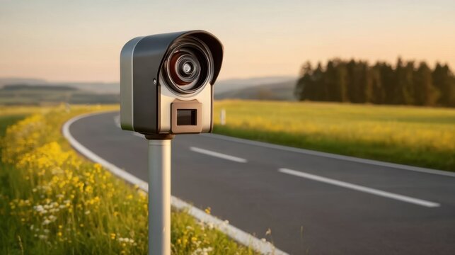 Sleek Black Speed Camera Capturing Traffic on a Quiet Road Surrounded by Vibrant Green Fields and Trees at Sunset