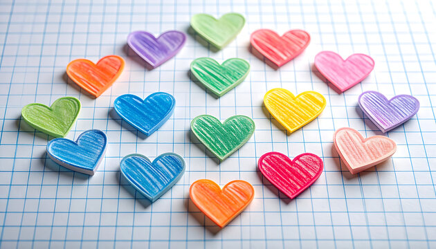 Colorful hand-drawn hearts scattered on squared paper background, symbolizing love and affection, valentine concept, scrapbooking element