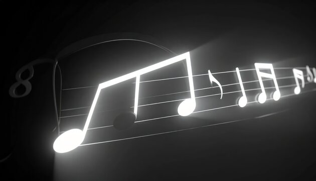 Abstract glowing musical notes on a dark background.