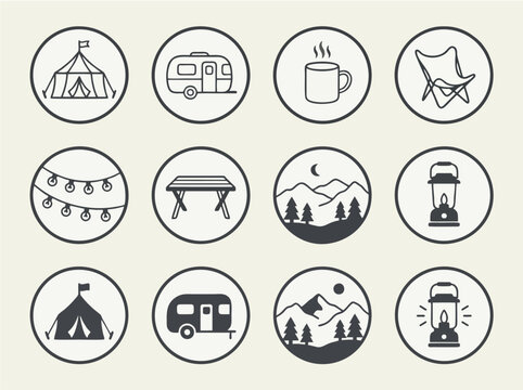Camping icons featuring tent, RV, coffee mug, chair, and lantern in mountains and forest
