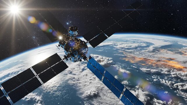 Satellite orbiting Earth with solar panels perfect for IT presentations and tech marketing