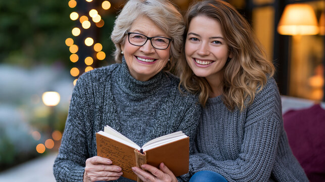 Elderly woman and adult granddaughter sitting on a porch at dawn, sharing a worn journal with handwritten mood tracking notes, soft morning mist curling over garden beds, warm lamp glow, symbolizing