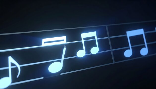 Abstract glowing musical notes on a dark background.