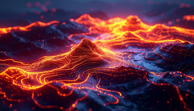 暗い背景に輝くネオンオレンジのワイヤーフレーム地形マップが浮かび上がる抽象的な3D背景