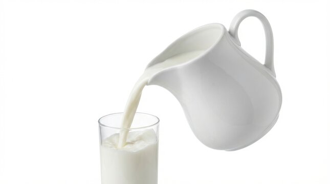 Fresh Milk Poured from a White Pitcher into a Clear Glass.