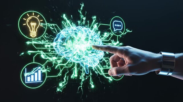 AI brain with glowing icons and hand ideal for tech startups and software promos