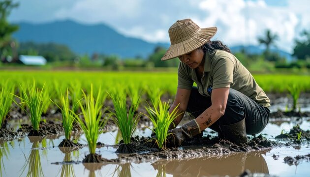 Farmer Planting Rice Seedlings in a Lush Green Paddy Field Under a Cloudy Sky.