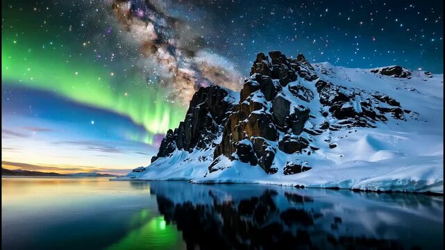 Aurora borealis and milky way over snowy mountain