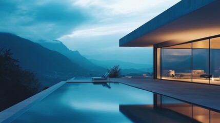 Fototapeta premium Modern house with large pool and mountain view at dusk in a quiet location