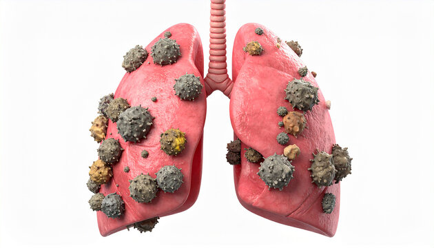 3D medical illustration of human respiratory system, lungs invaded by numerous, irregular, lumpy, grayish-tan cancerous tumors of varying sizes