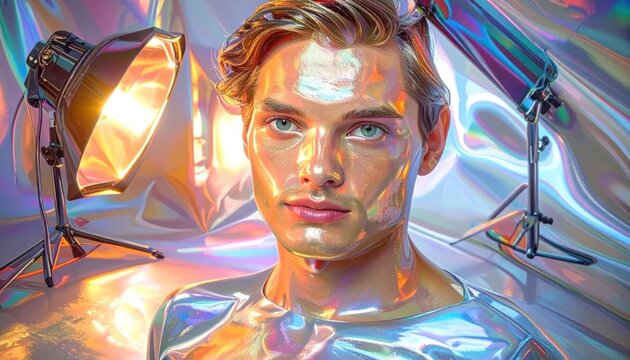 Futuristic Portrait of a Man with Metallic Skin and Holographic Lighting.